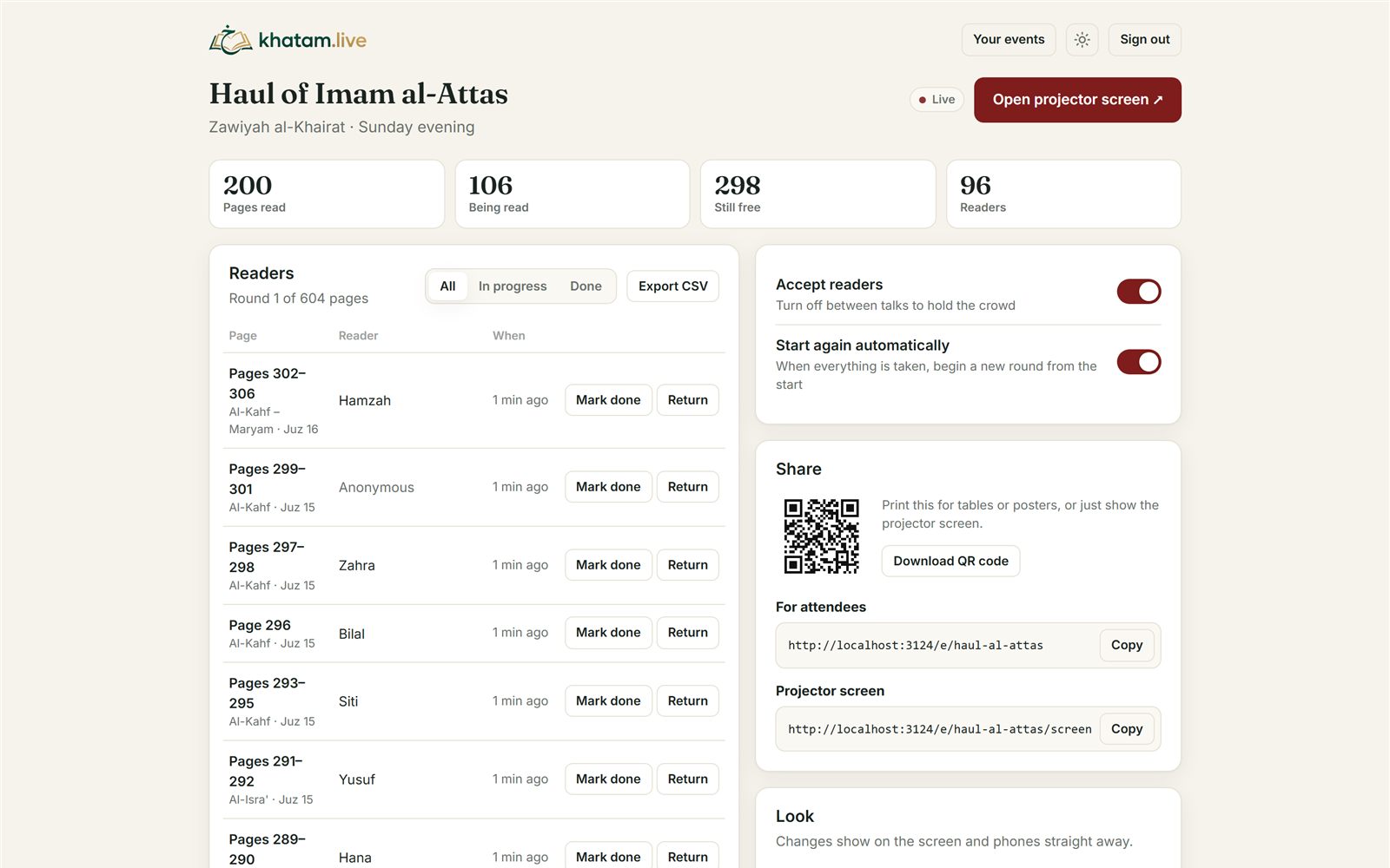 The organiser's page for an event
